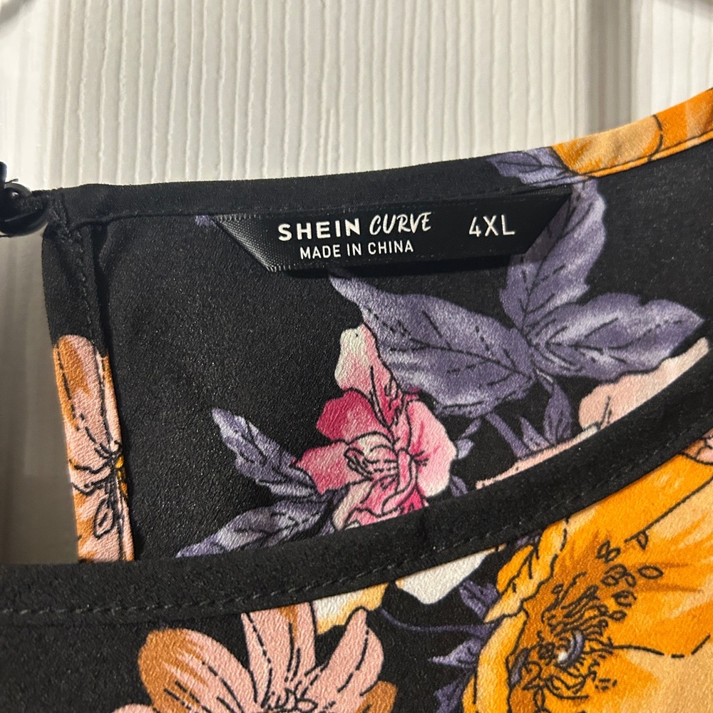 SHEIN Black Floral Short-Sleeve Blouse with Yellow & Pink Flowers - Picture 4 of 5